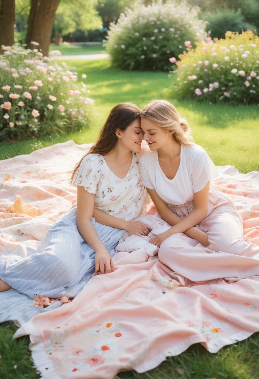 A tender moment of two young women sharing a heartfelt embrace in a sun-drenched park, surrounded by blooming flowers and butterflies. Their joyful expressions radiate warmth and connection, symbolizing the essence of youthful love and affection. Soft pastel colors dominate the scene, creating a dreamy and romantic atmosphere. Include playful elements like a picnic blanket and laughter echoing in the background. watercolor painting. vibrant colors.