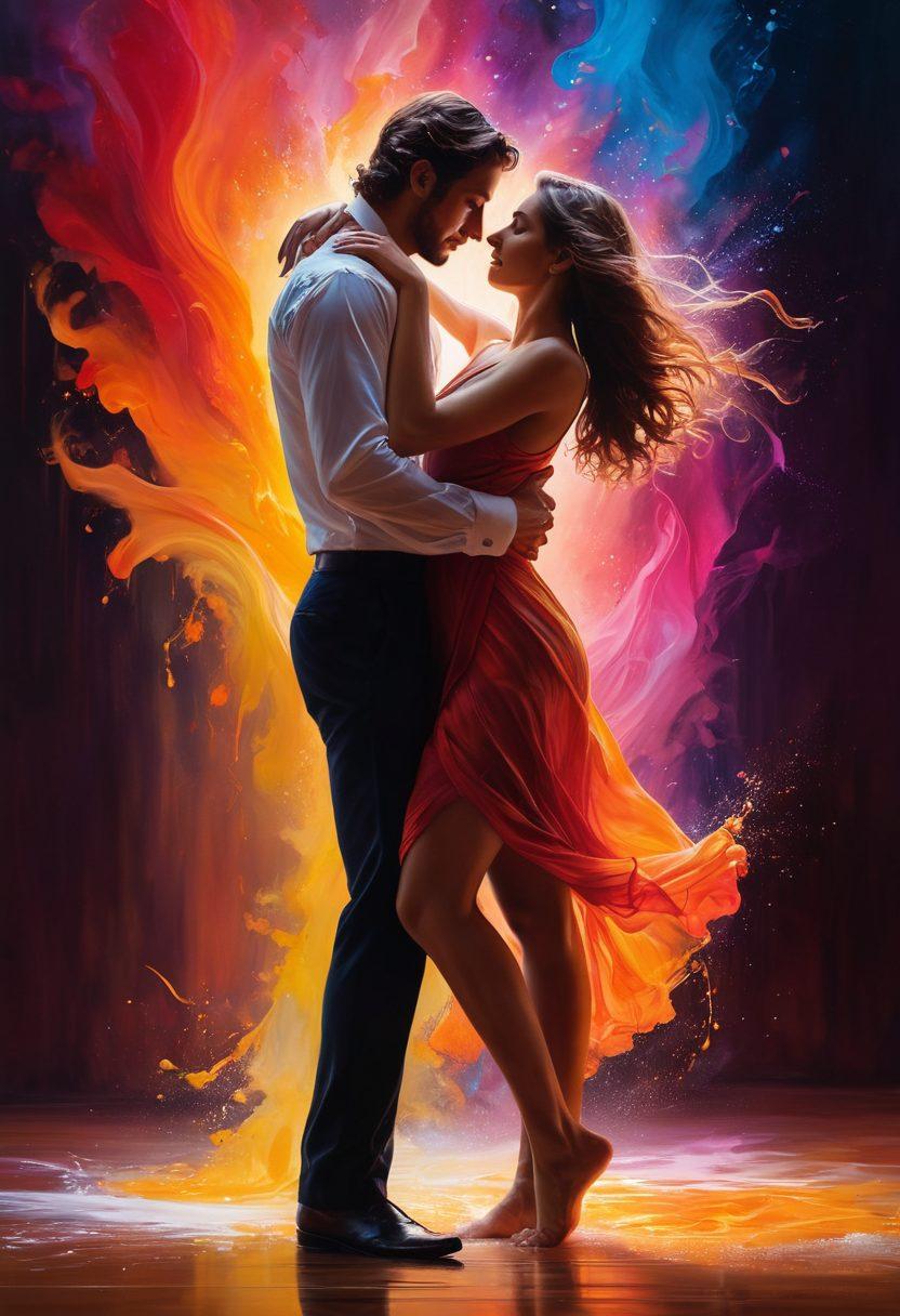 A dynamic scene capturing an intimate dance between two people, their movements fluid and expressive, surrounded by swirling colors that symbolize emotions. Include soft lighting to enhance the atmosphere of passion and connection, with abstract shapes in the background representing various forms of art. The focus should be on the joy and vulnerability of intimacy. vibrant colors. super-realistic.