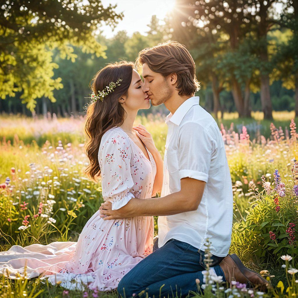 A soft, dreamy scene of a young woman and her partner in a sun-drenched field, sharing a gentle kiss surrounded by blooming wildflowers. The sunlight filters through the trees, illuminating their smiles and the closeness they share. Capturing the warmth and vibrancy of young love, with an emphasis on tenderness and passion. pastel colors. dreamy atmosphere. 3D.